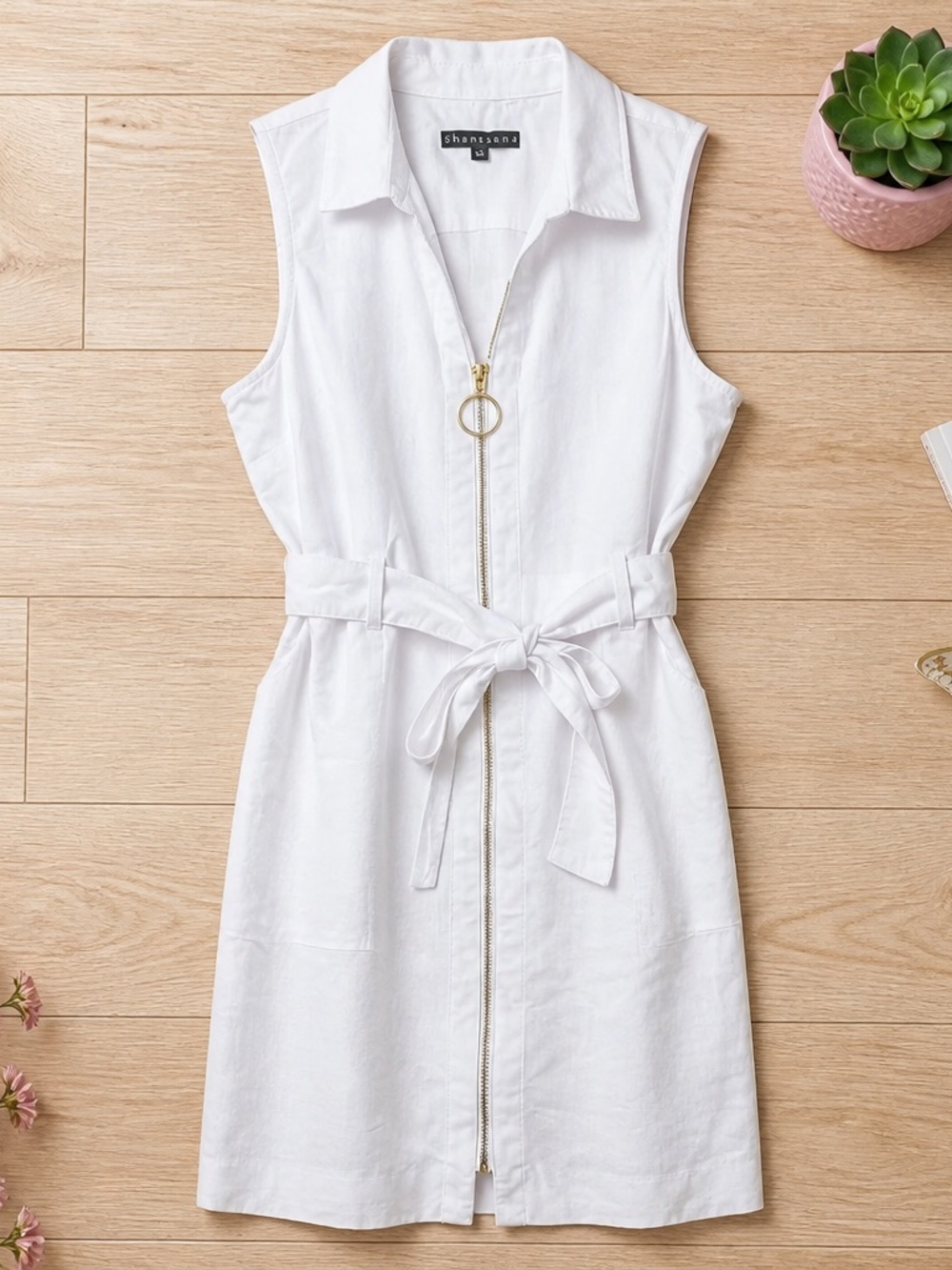 White Sleeveless Zip-Front Belted Dress